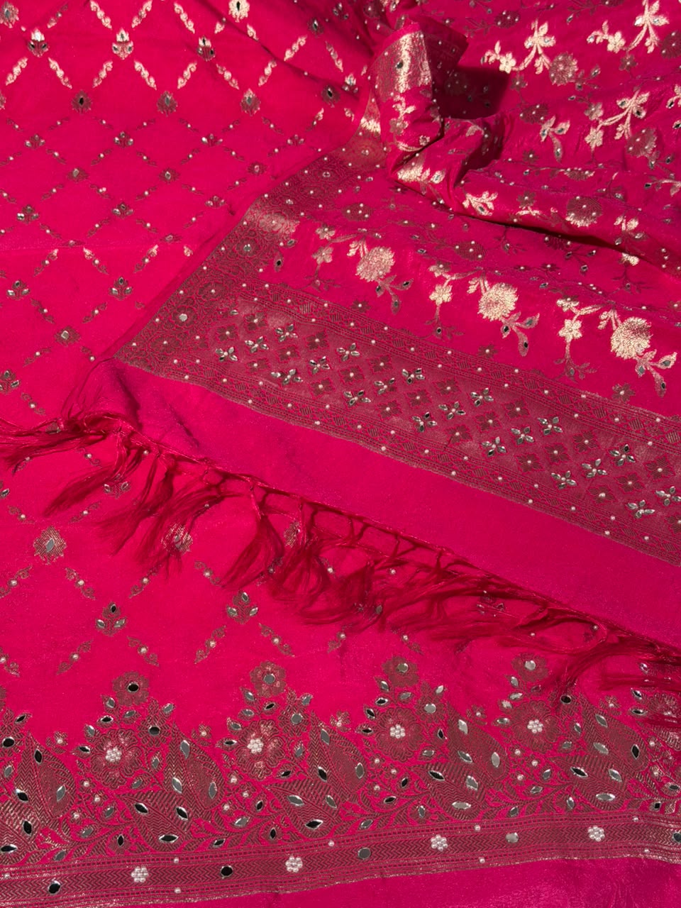 Rani Pink Chinia Silk Banarasi Mirror Work Suit