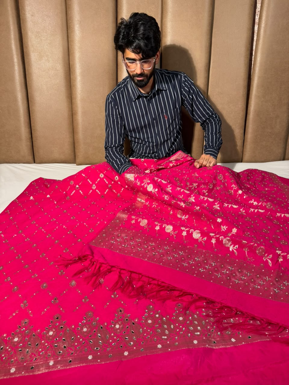 Rani Pink Chinia Silk Banarasi Mirror Work Suit