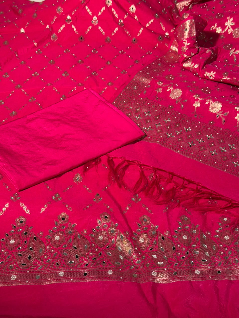Rani Pink Chinia Silk Banarasi Mirror Work Suit