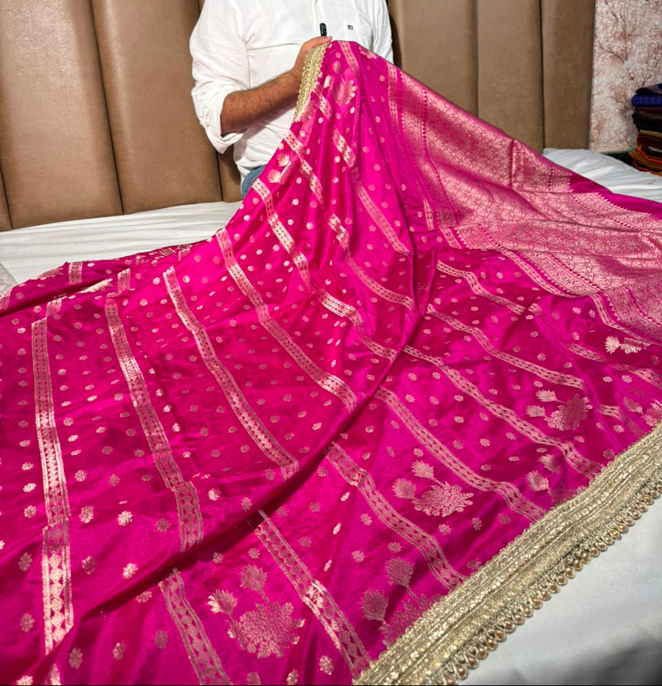 Rani Pink Chinia Silk Lace Work Designer Saree
