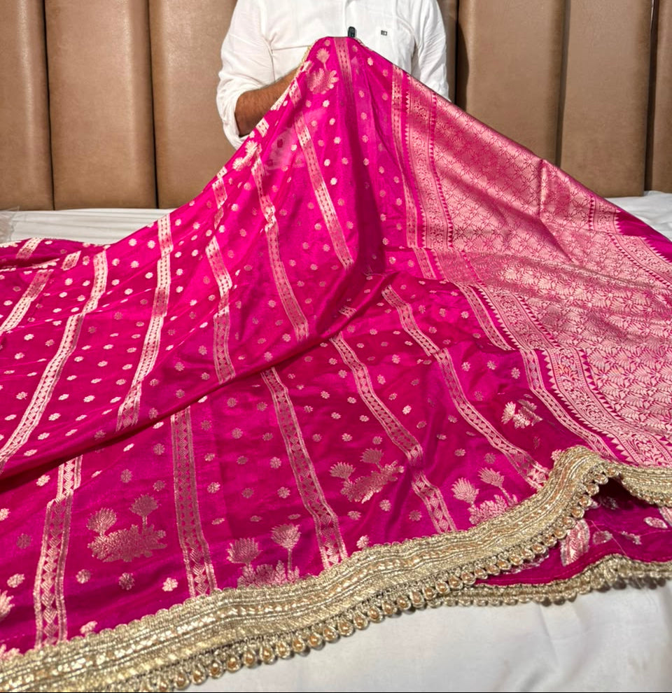 Rani Pink Chinia Silk Lace Work Designer Saree