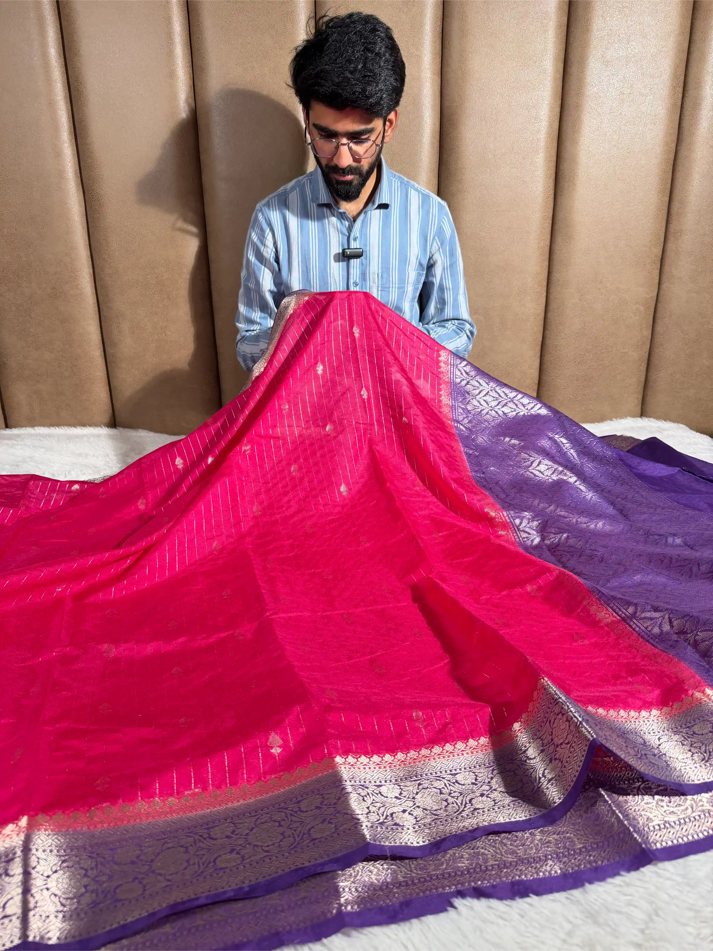 Rani Pink Chinia Silk with Contrast Purple Border Banarasi Saree