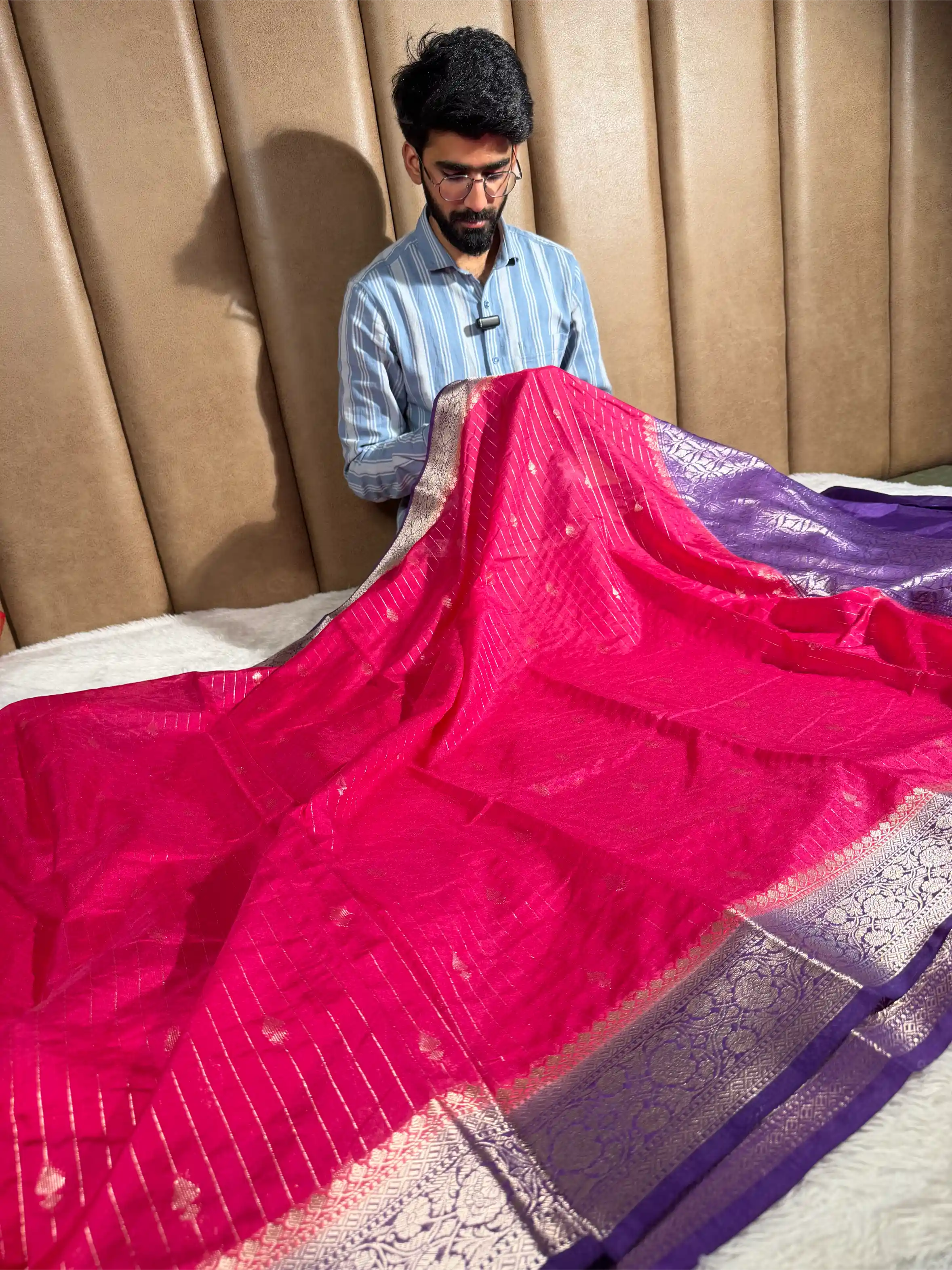 Rani Pink Chinia Silk with Contrast Purple Border Banarasi Saree