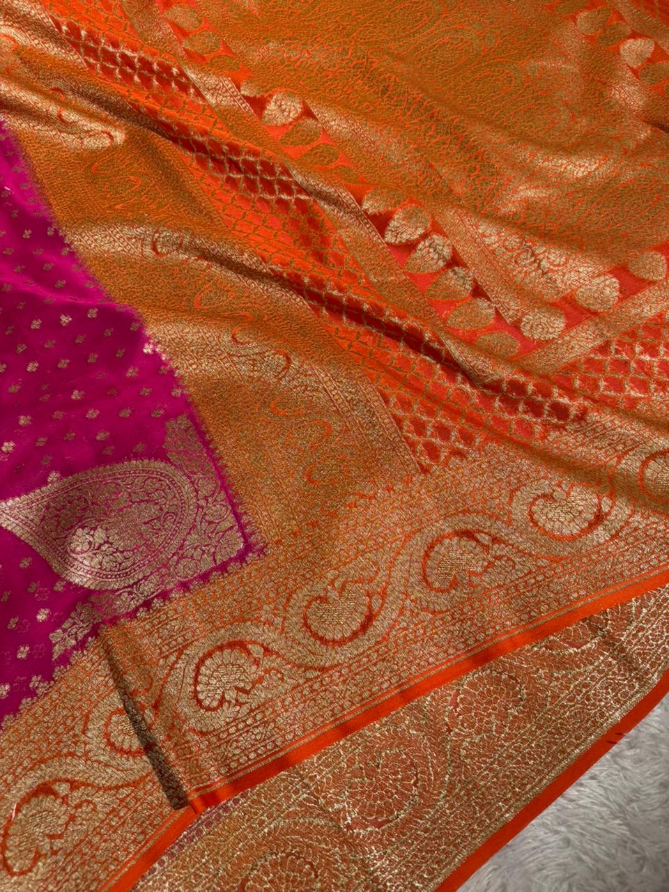 Rani Pink Contrast Pure Crepe Georgette Silk Heritage Antique Zari Weave Banarasi Sare