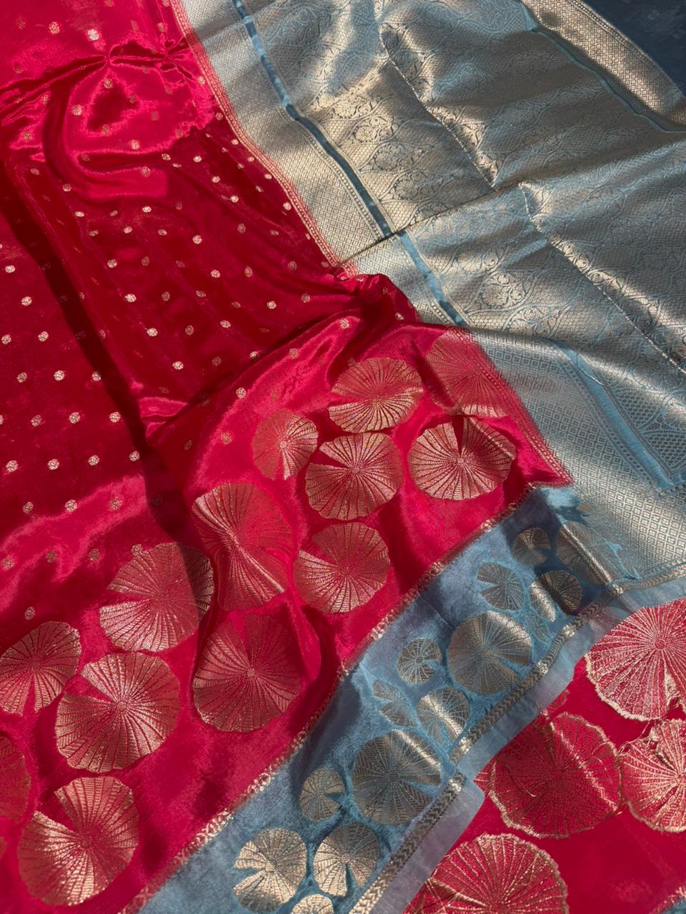 Rani Pink Firozi Contrast Border Banana Silk Banarasi Saree