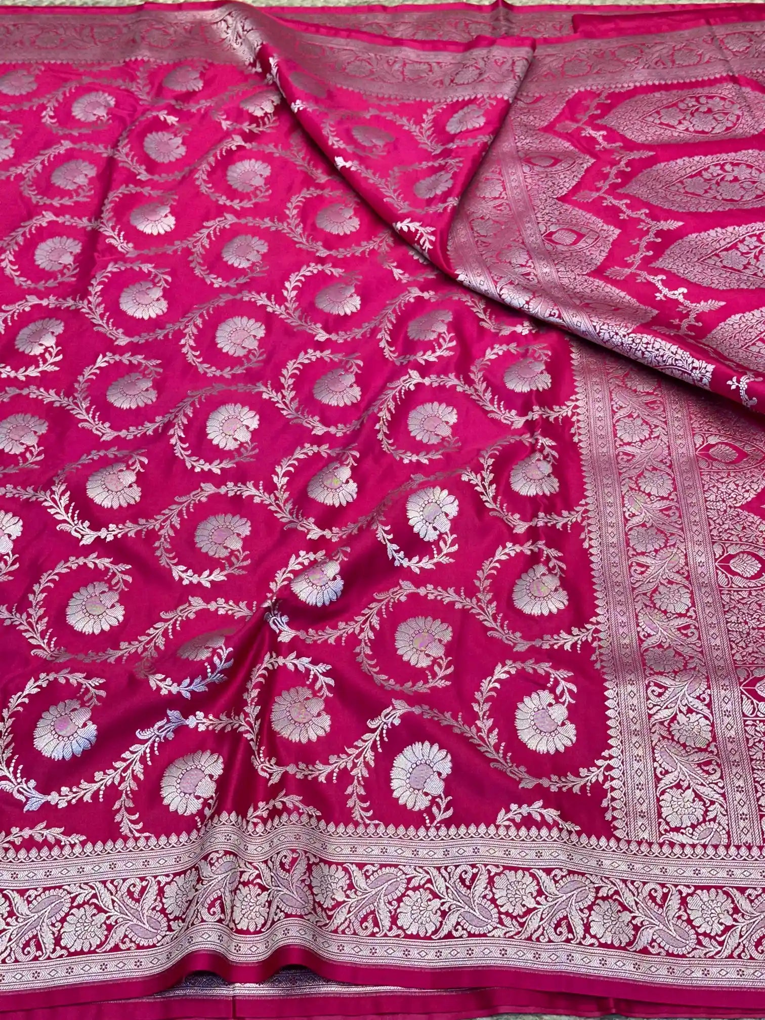 Rani Pink Floral Jaal Weave Mashru Katan Silk Saree
