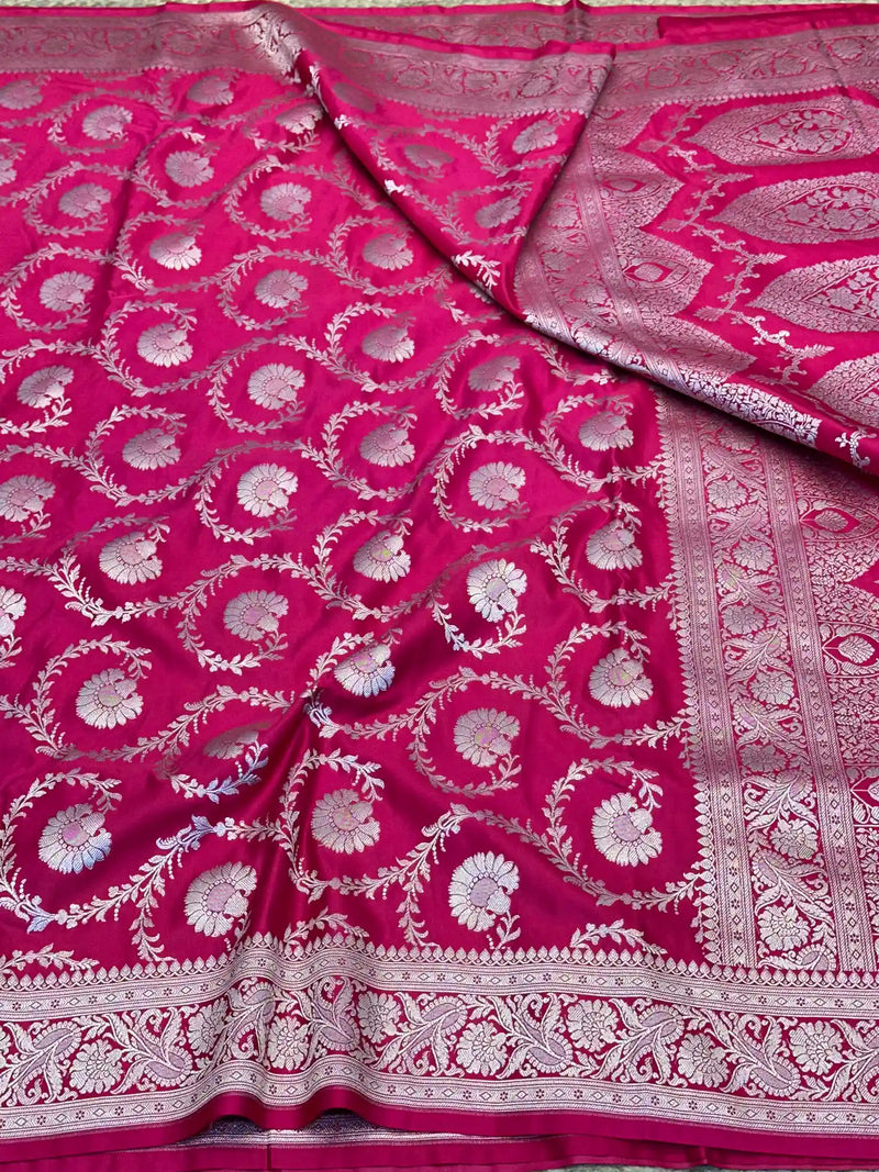 Rani Pink Floral Jaal Weave Mashru Katan Silk Saree