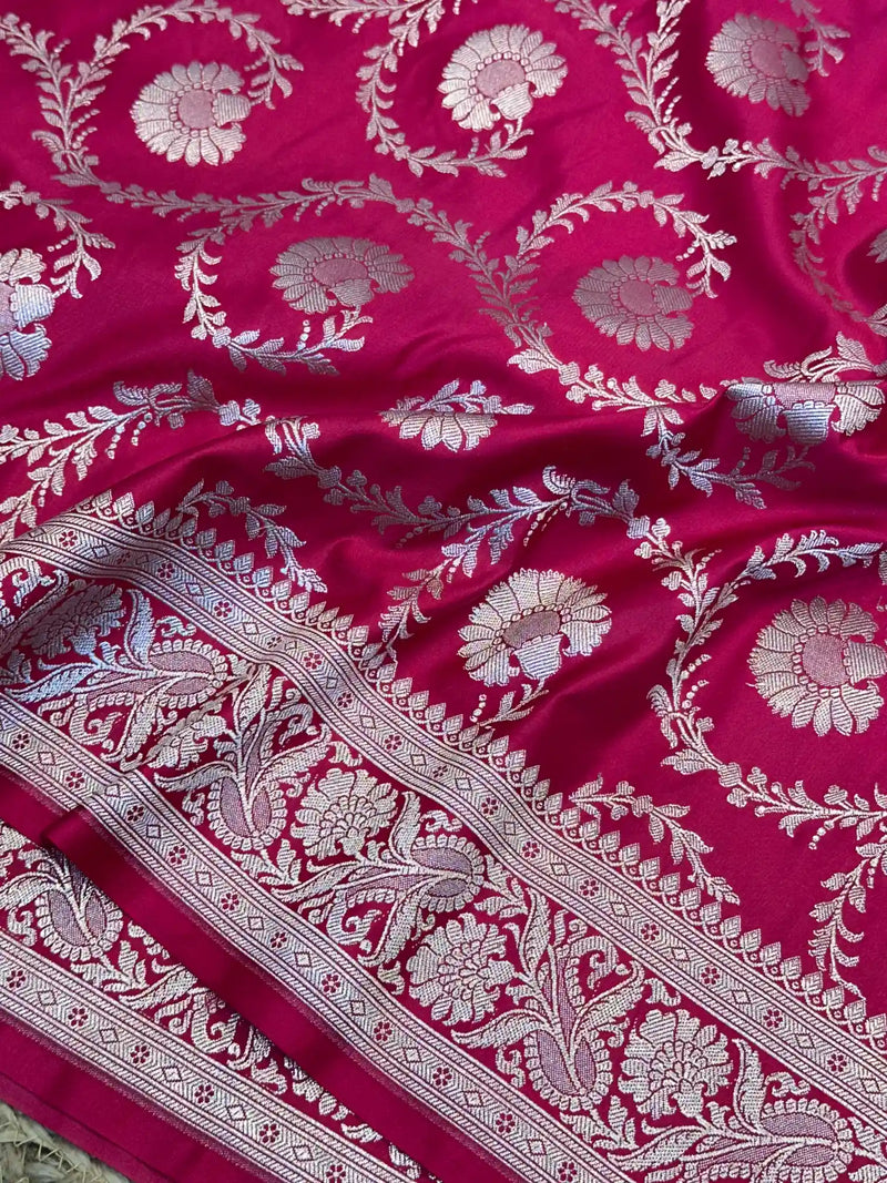 Rani Pink Floral Jaal Weave Mashru Katan Silk Saree