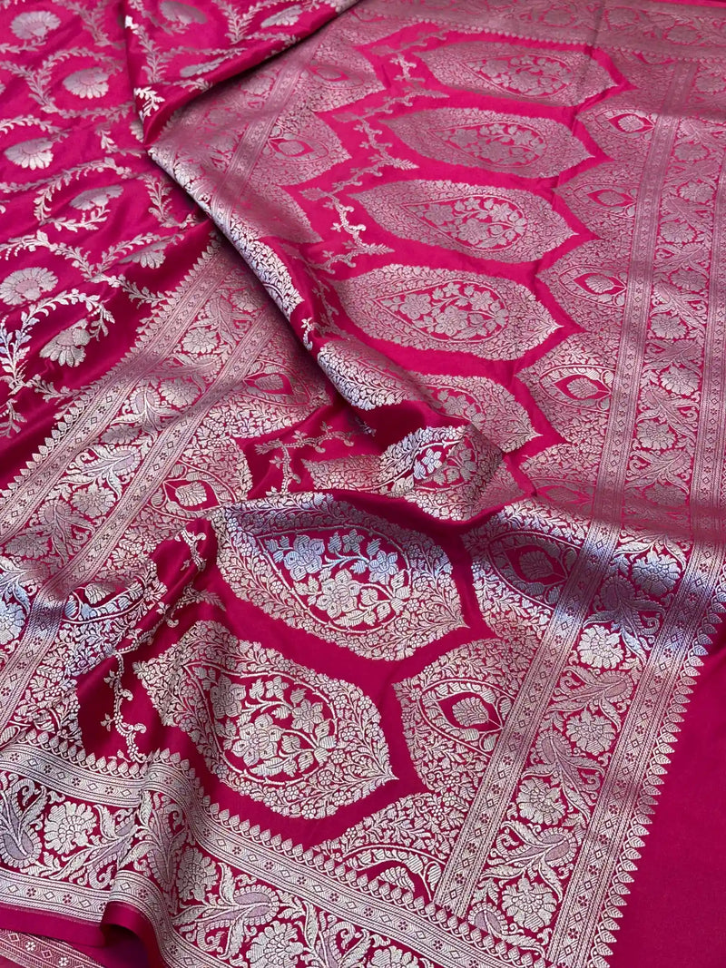 Rani Pink Floral Jaal Weave Mashru Katan Silk Saree