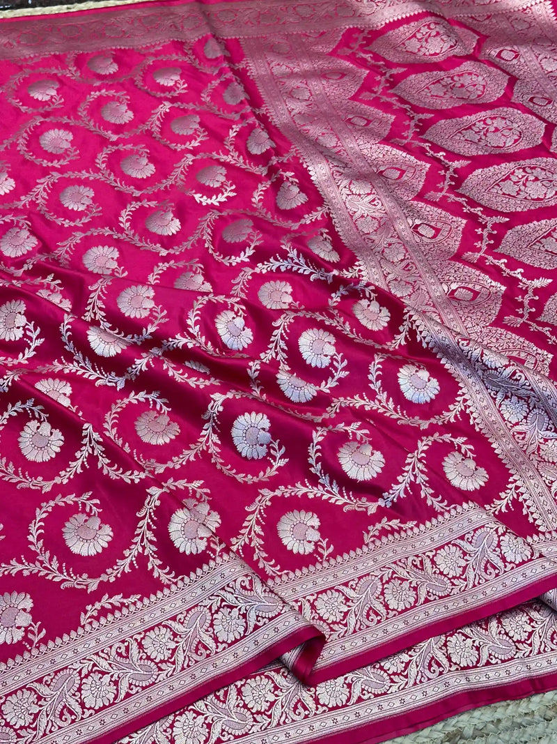 Rani Pink Floral Jaal Weave Mashru Katan Silk Saree