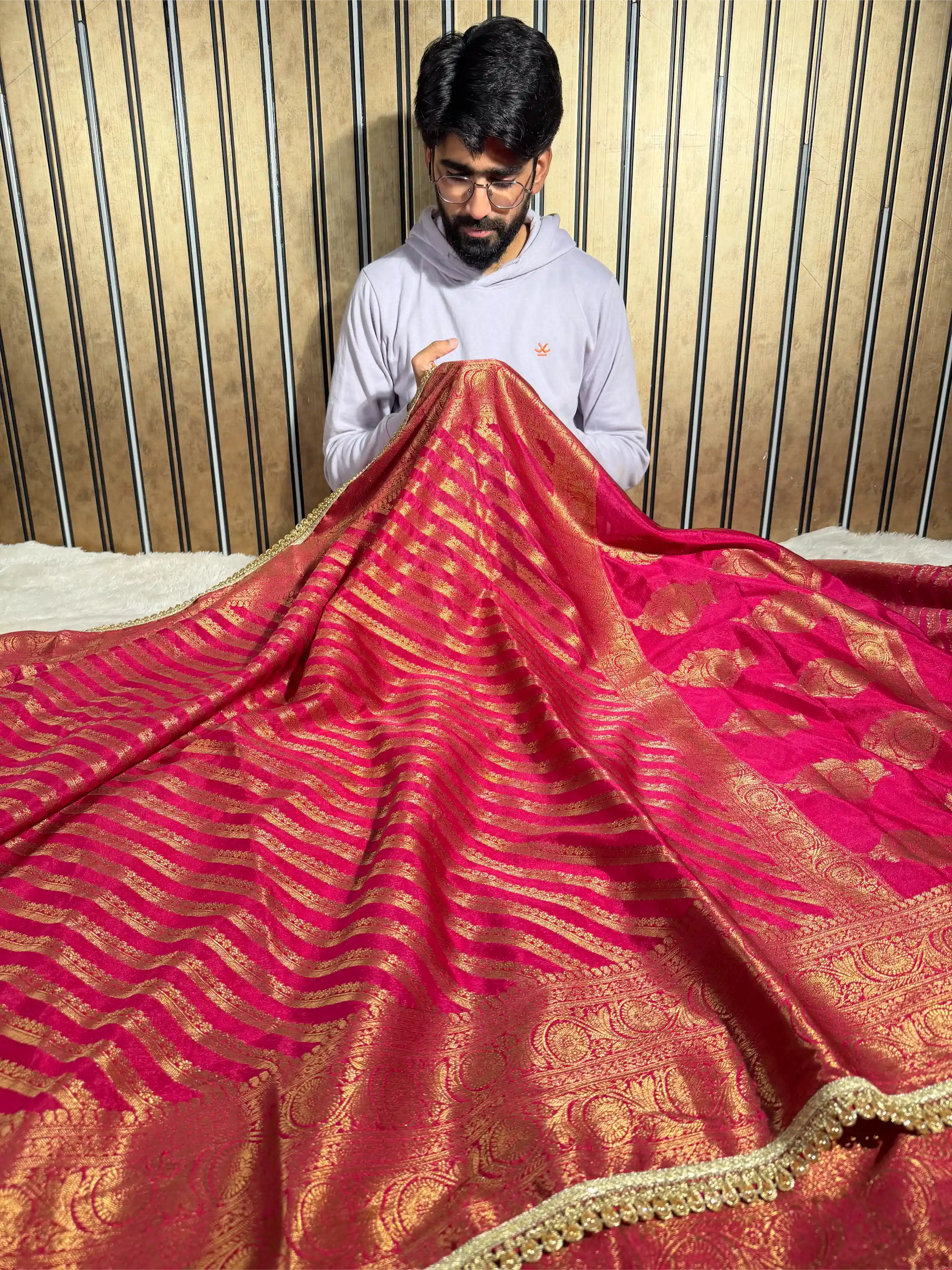 Rani Pink Georgette Silk Designer Lace Attached Banarasi Saree