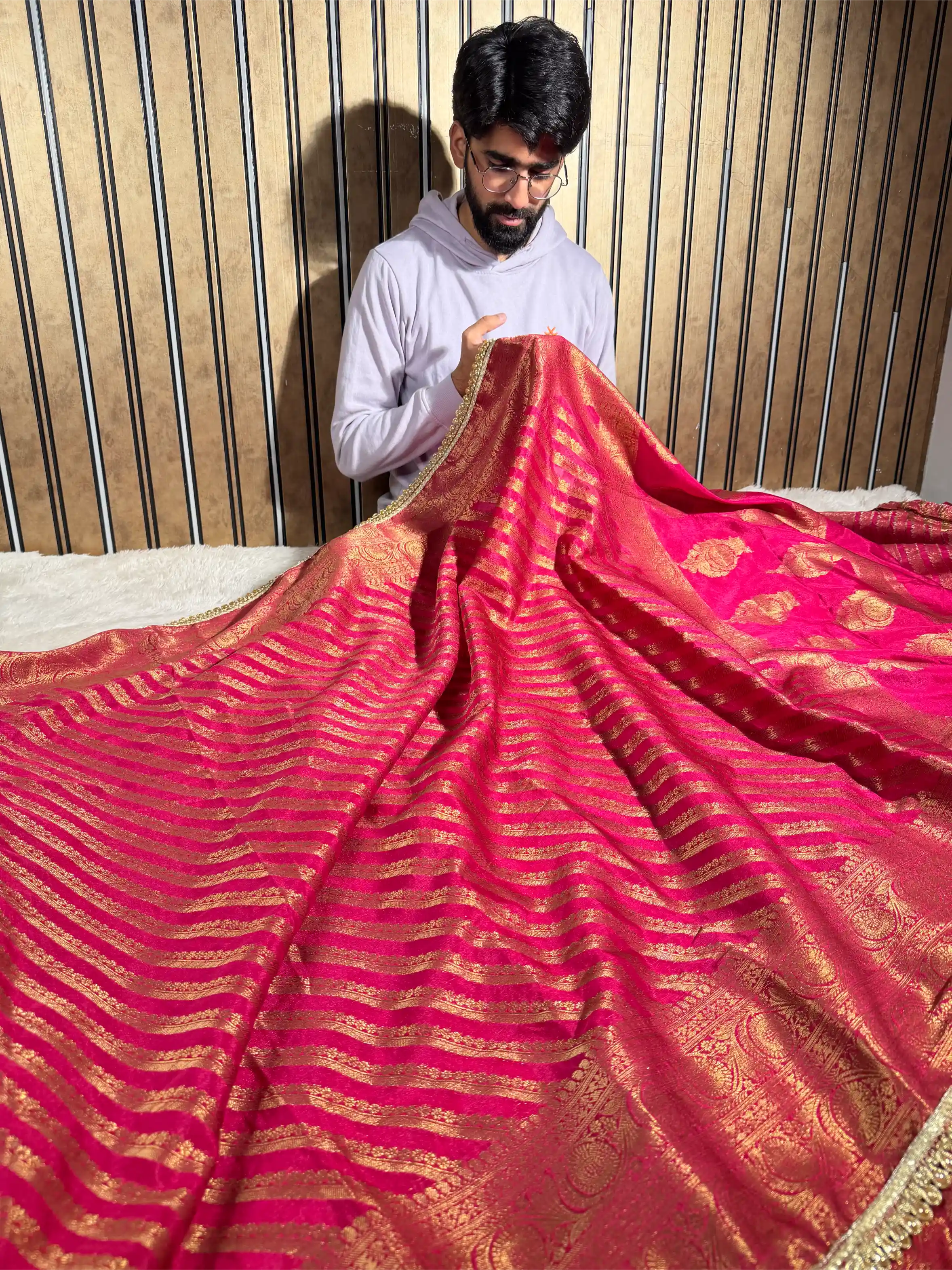 Rani Pink Georgette Silk Designer Lace Attached Banarasi Saree