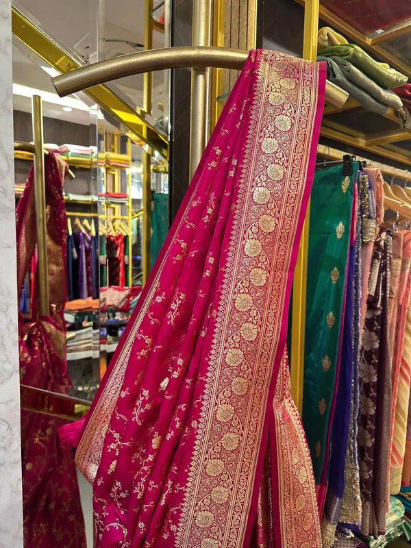 Rani Pink Satin Katan Silk Intricate Floral Weave Banarasi Saree