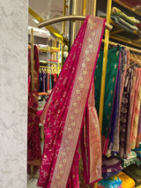 Rani Pink Satin Katan Silk Intricate Floral Weave Banarasi Saree