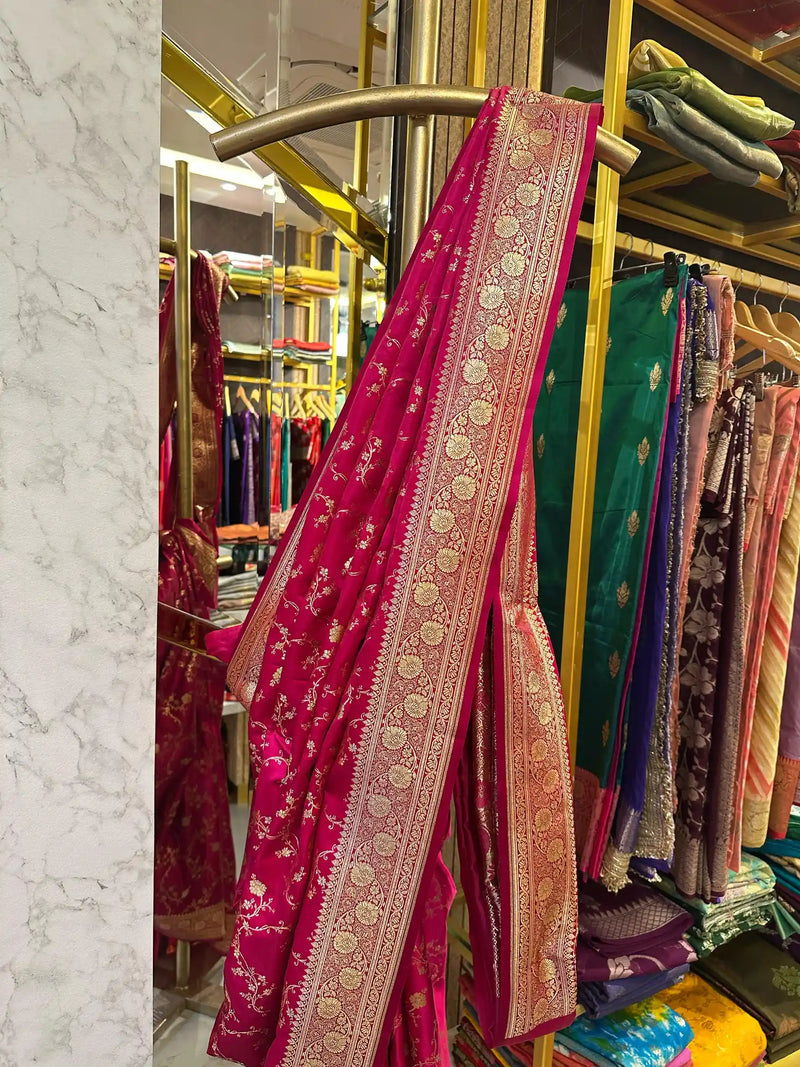 Rani Pink Satin Katan Silk Intricate Floral Weave Banarasi Saree