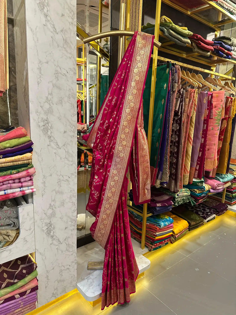 Rani Pink Satin Katan Silk Intricate Floral Weave Banarasi Saree