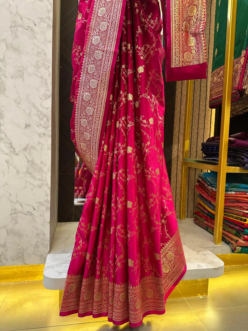 Rani Pink Satin Katan Silk Intricate Floral Weave Banarasi Saree