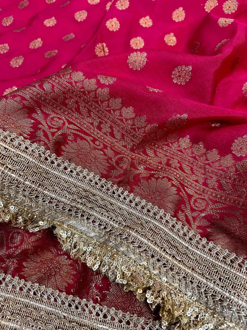 Rani Pink Khaddi Buti Georgette Silk Lace Attached Banarasi Saree 