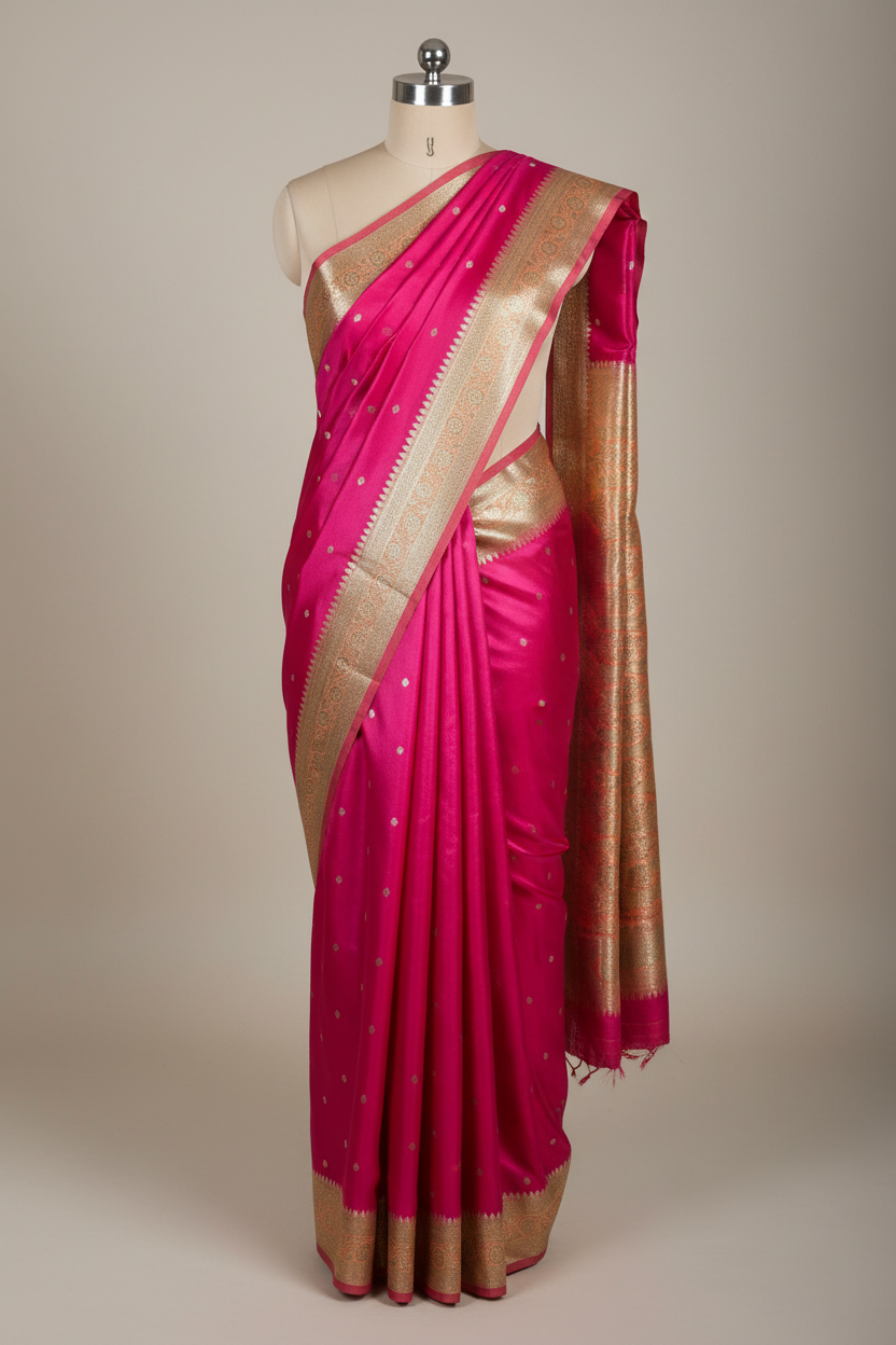 Bright Pink Eccentric Mashru Katan Silk Banarasi Saree