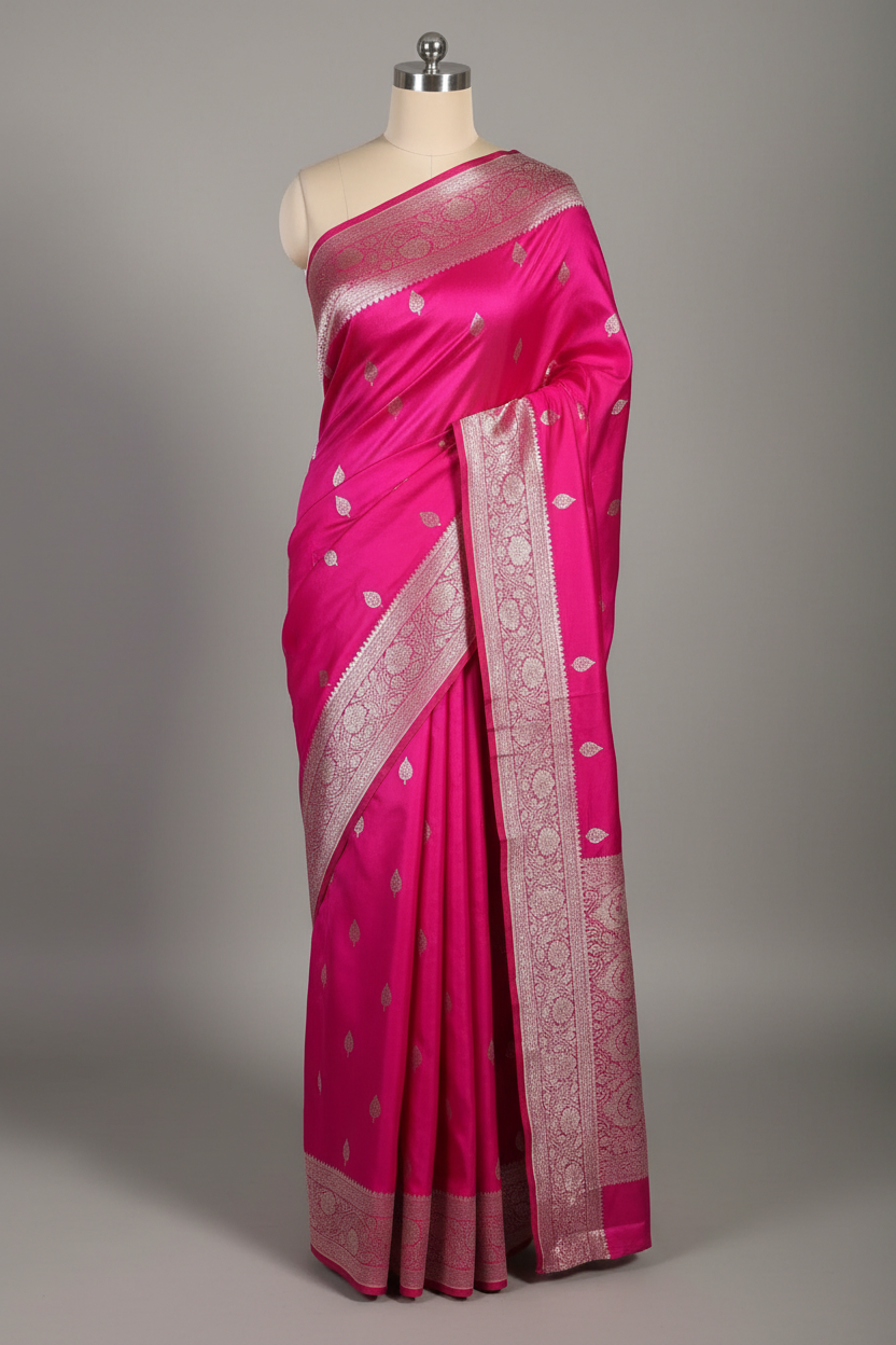 Rani Pink Mashru Katan Silk Banarasi Saree with Rich Pallu and Blouse