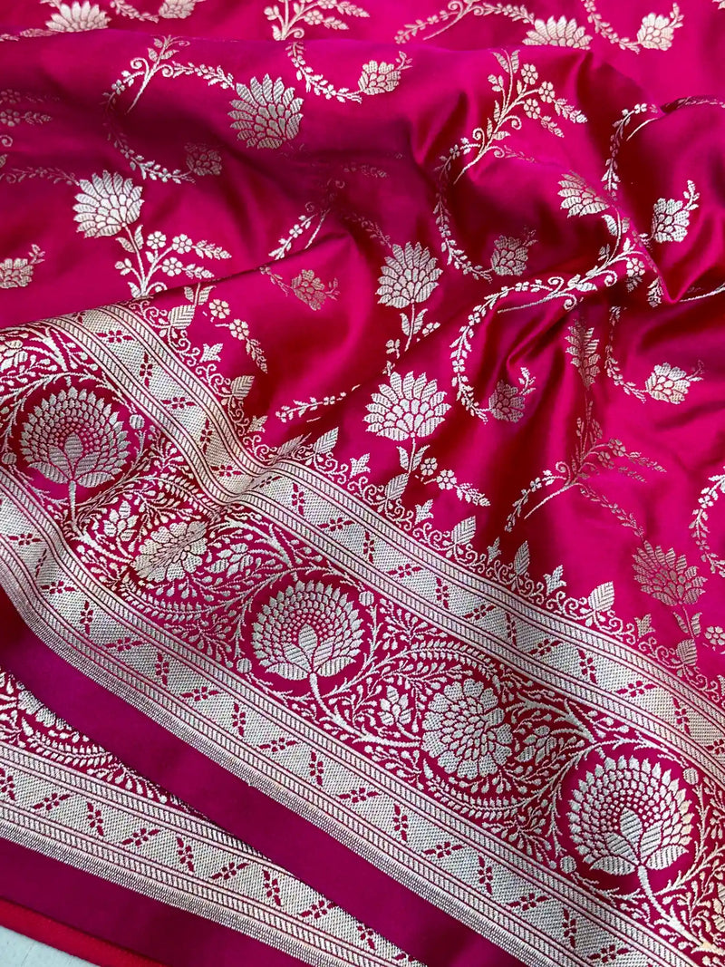 Rani Pink Mashru Katan Silk Floral Jaal Banarasi Saree