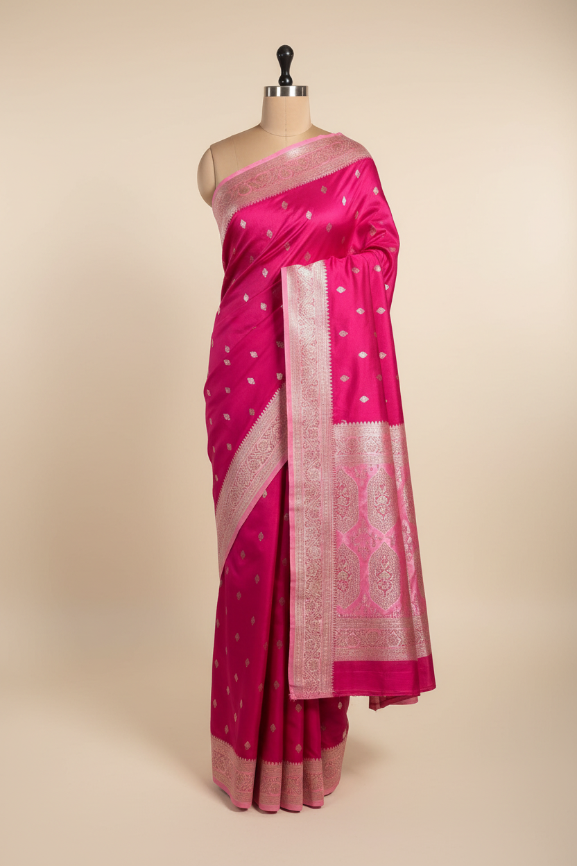 Rani Pink Mashru Katan Silk Heritage Zari Buti Weave Banarasi Saree