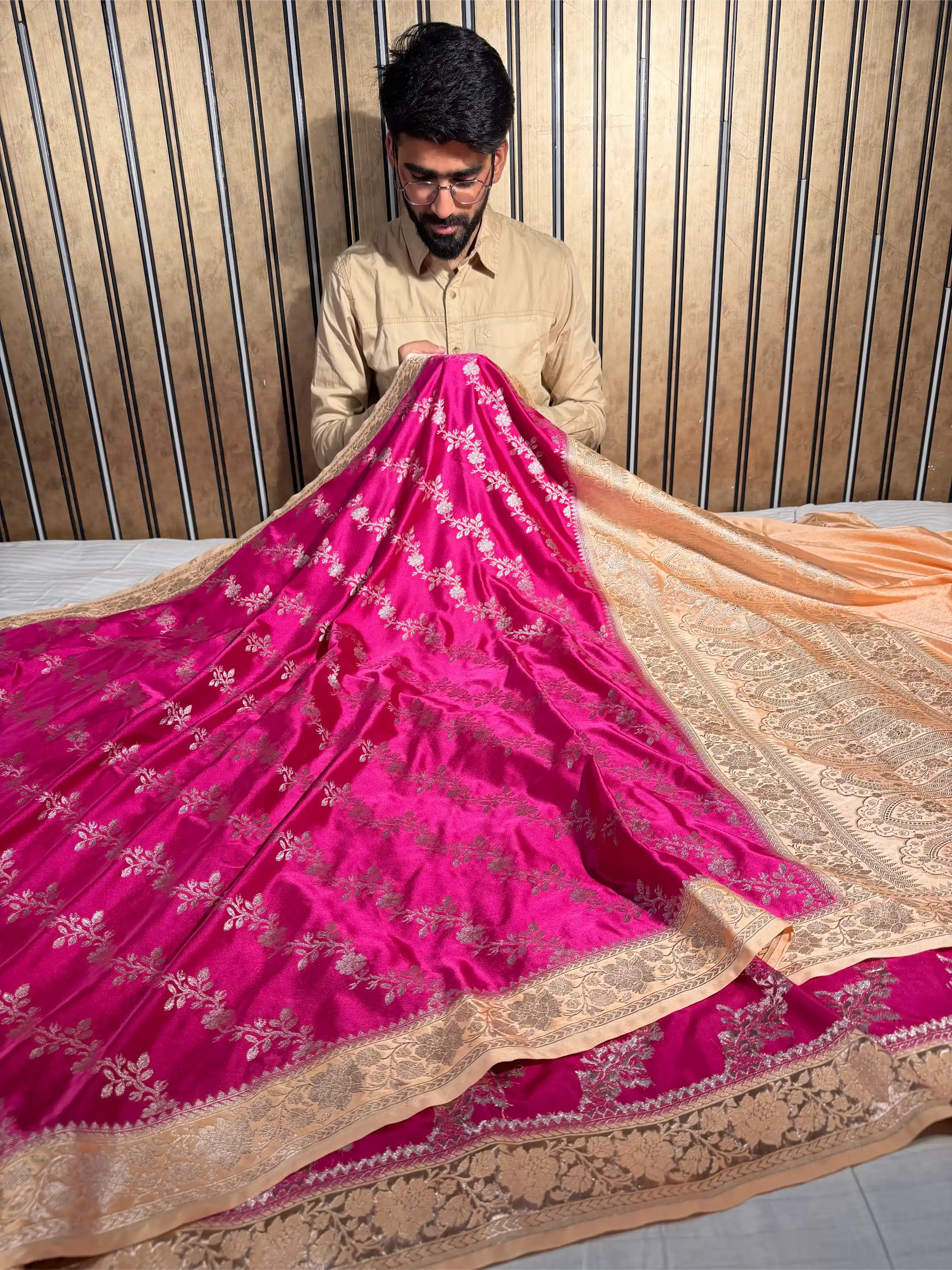 Rani Pink Mashru Katan Silk Leheriya Weave Banarasi Saree