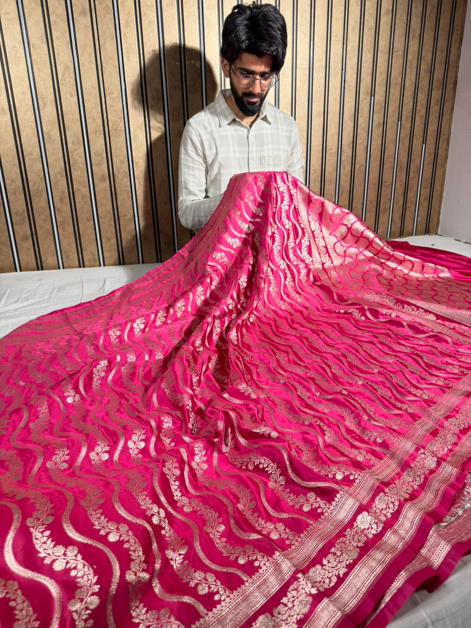 Rani Pink Mashru Katan Silk Leheriya Weave Banarasi Saree