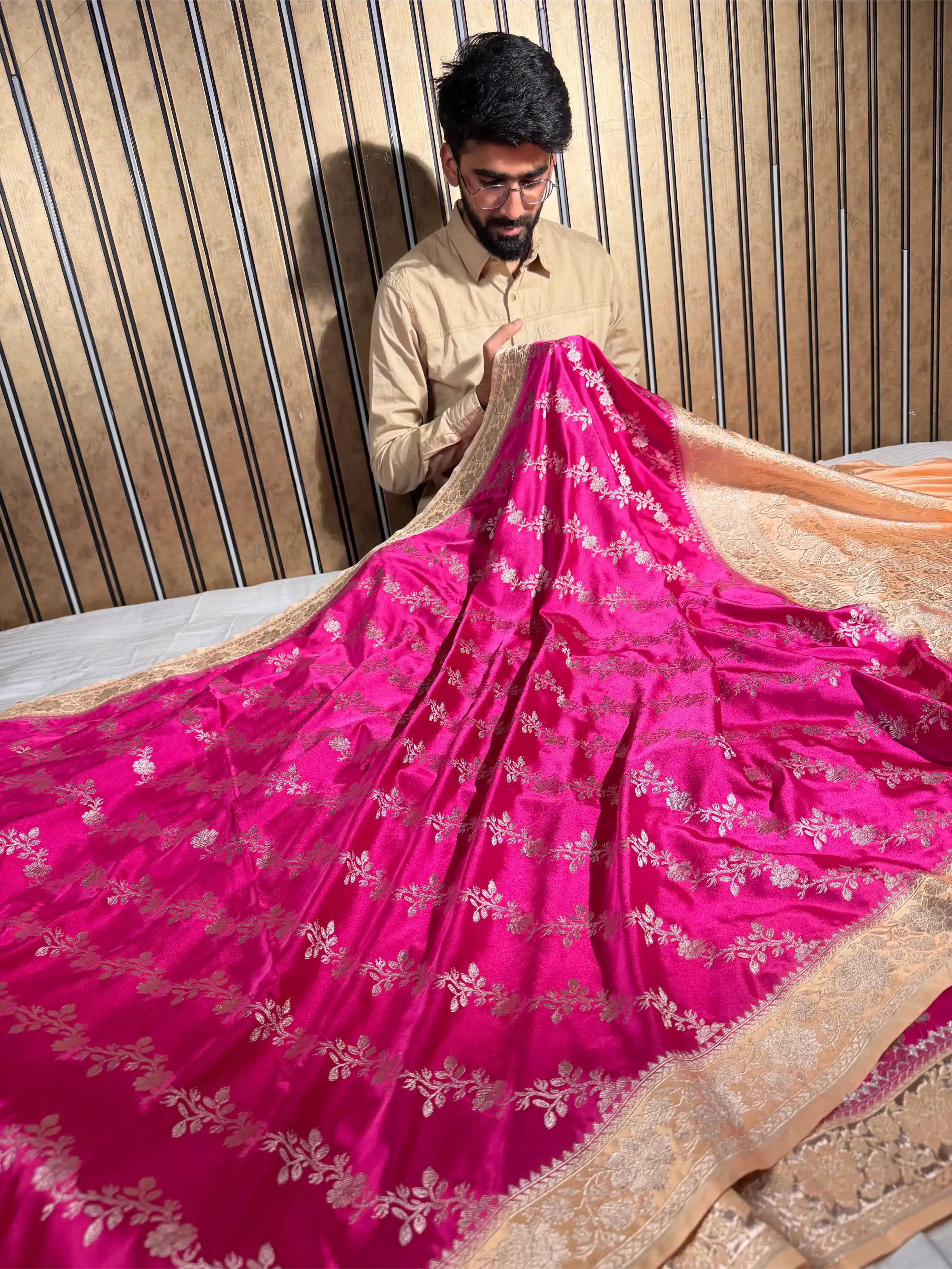 Rani Pink Mashru Katan Silk Leheriya Weave Banarasi Saree