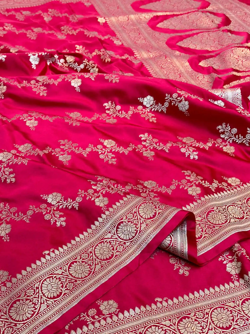 Rani Pink Mashru Katan Silk Leheriya Weave Banarasi Saree