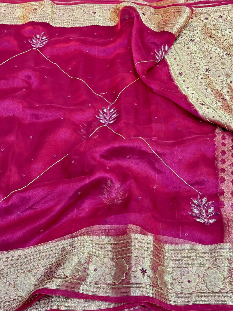 Rani Pink Premium Handwork Pure Tissue Silk Banarasi Saree 