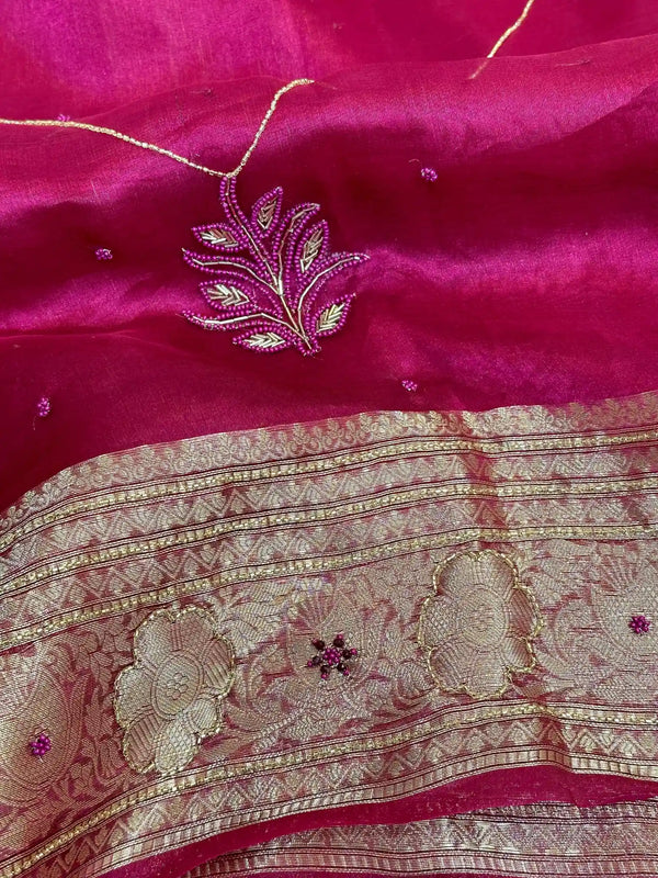 Rani Pink Premium Handwork Pure Tissue Silk Banarasi Saree 