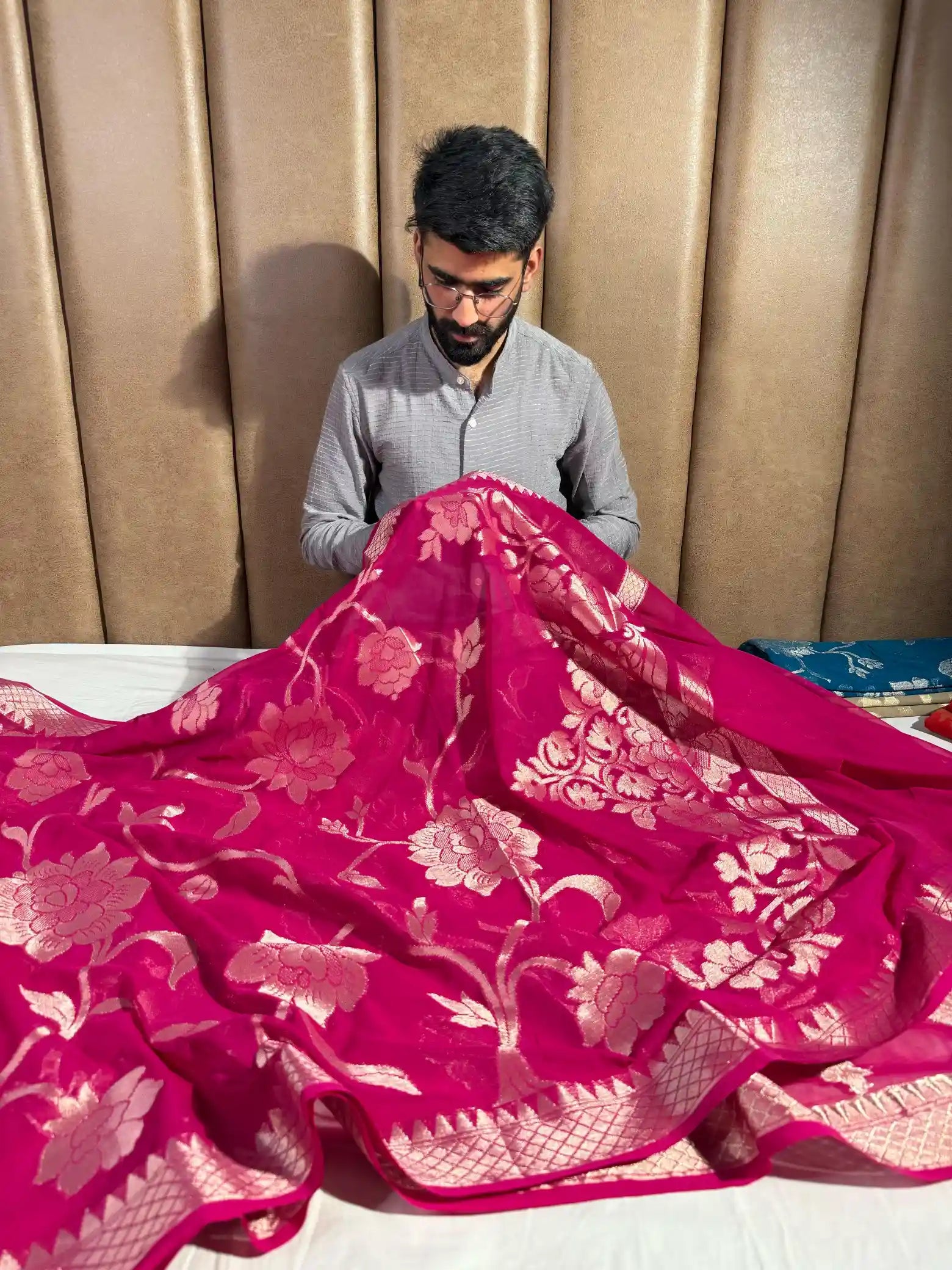 Rani Pink Premium Khaddi Chiffon Silk Jangla Banarasi Saree