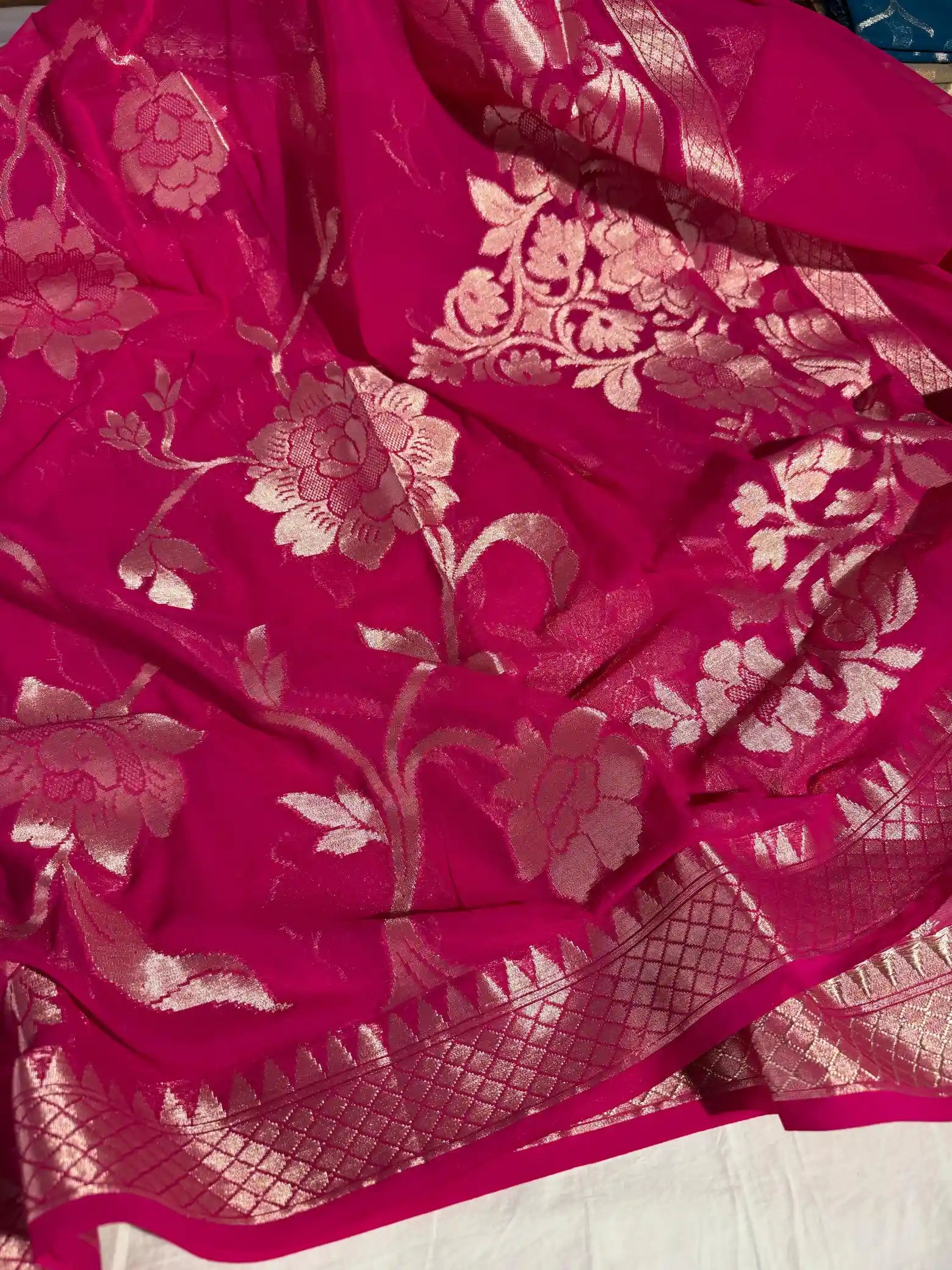 Rani Pink Premium Khaddi Chiffon Silk Jangla Banarasi Saree