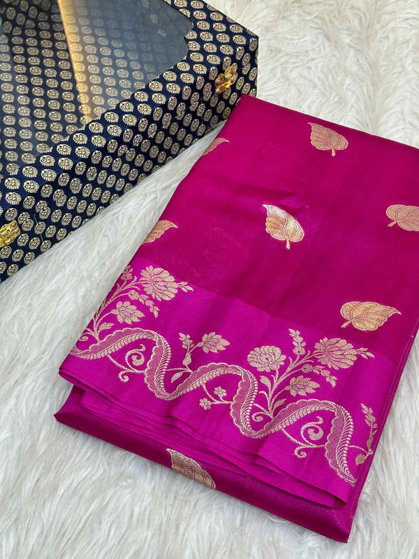 Rani Pink Pure Caramel Silk Zari Butas Banarasi Saree 