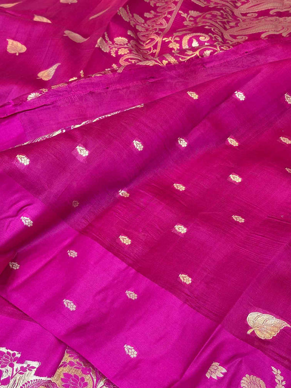 Rani Pink Pure Caramel Silk Zari Butas Banarasi Saree 