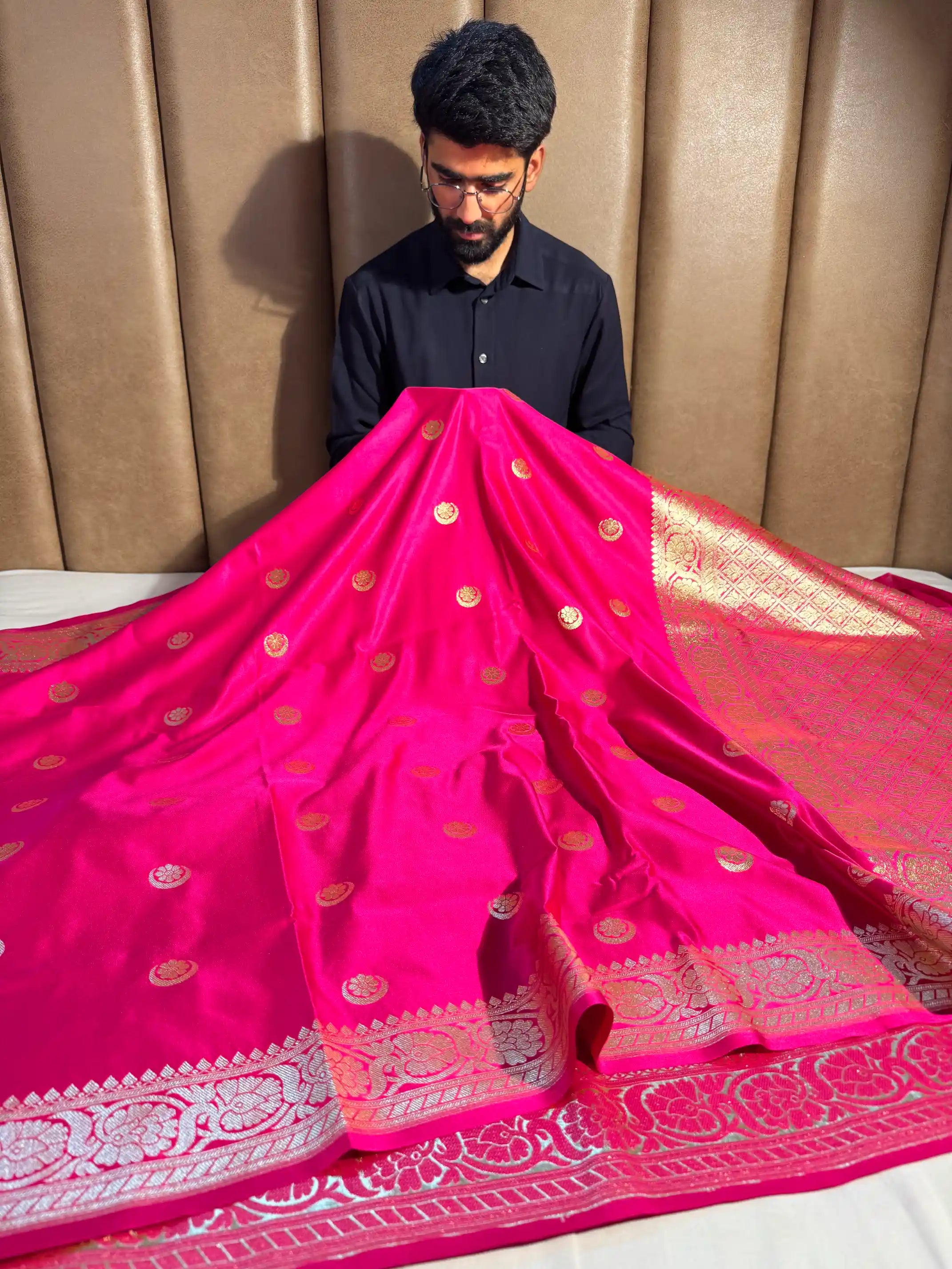 Rani Pink Satin Silk Chand Tara Banarasi saree