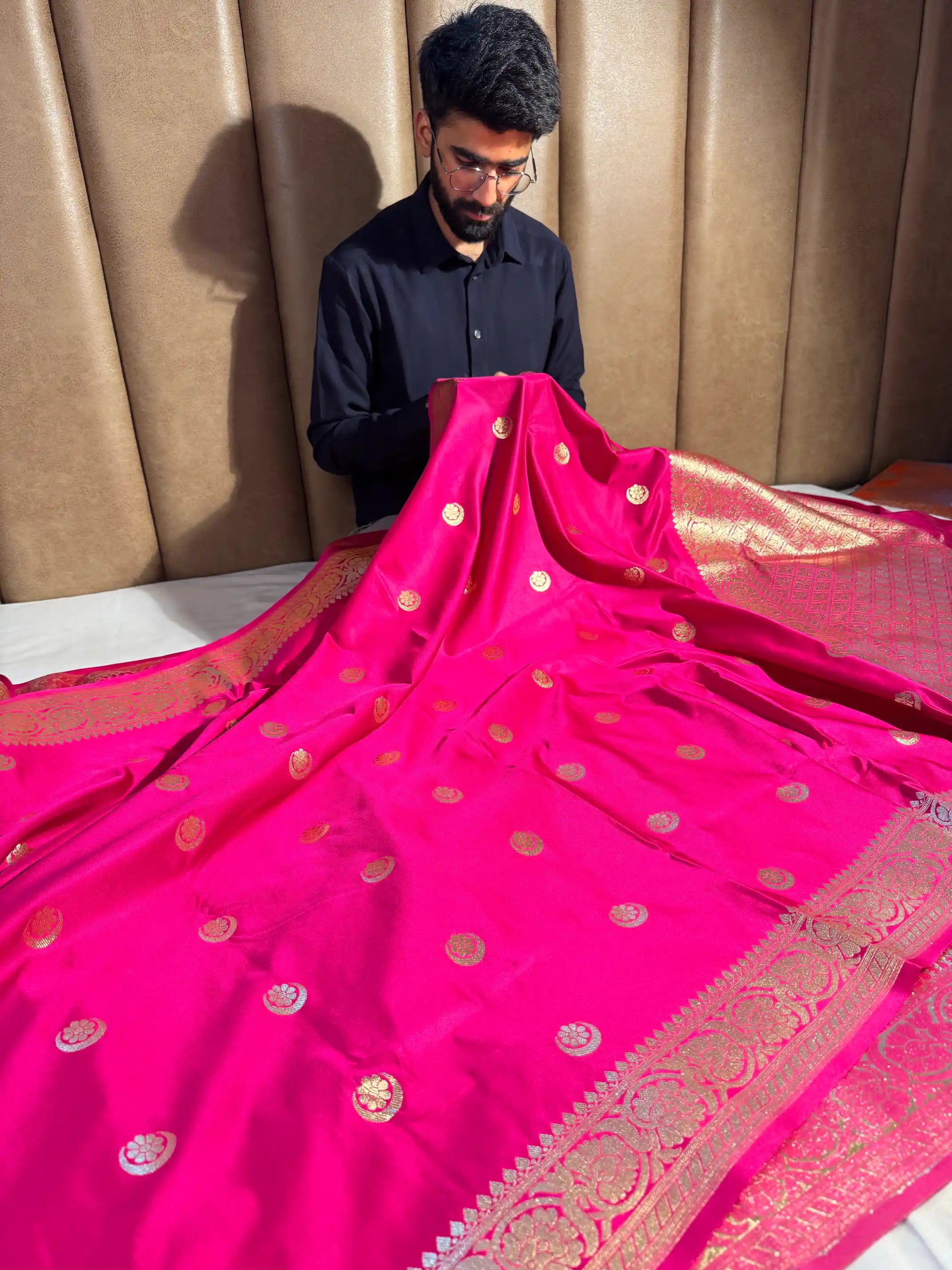 Rani Pink Satin Silk Chand Tara Banarasi saree