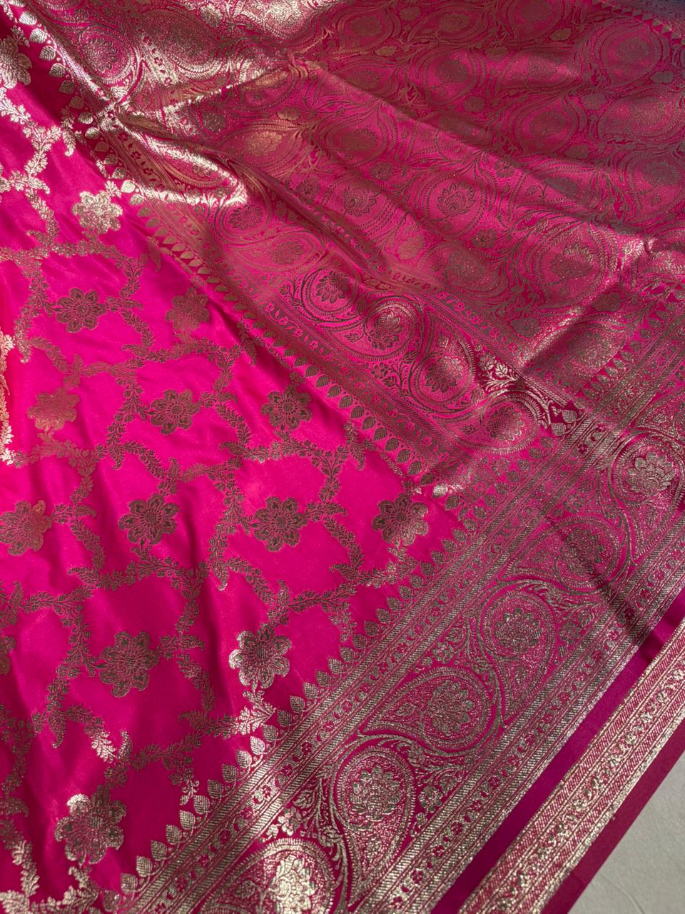 Rani Pink Satin Silk Heritage Floral Weave Banarasi Saree
