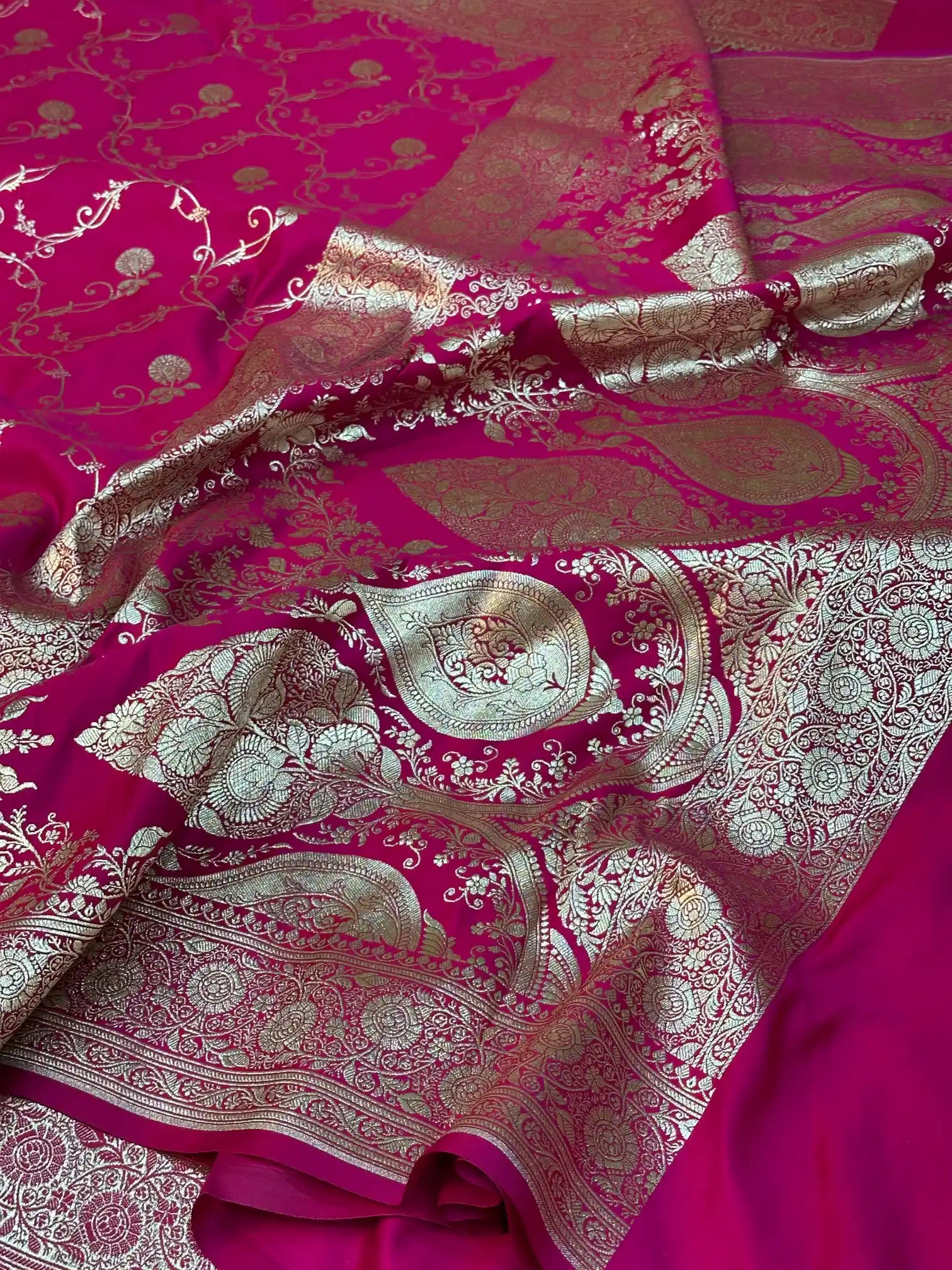 Rani Pink Satin Silk Saree with Rich Texture Design and Classical Pallu