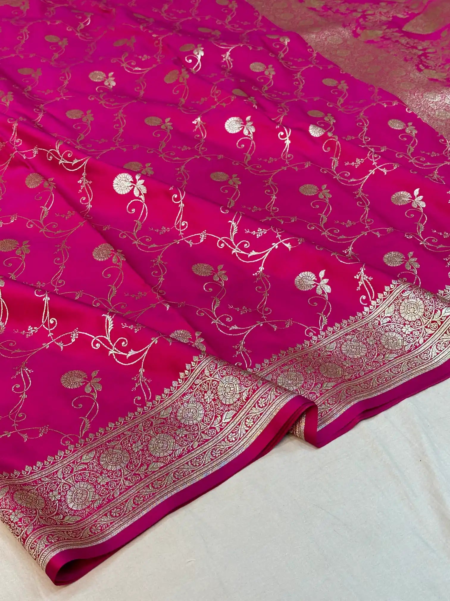 Rani Pink Satin Silk Saree with Rich Texture Design and Classical Pallu