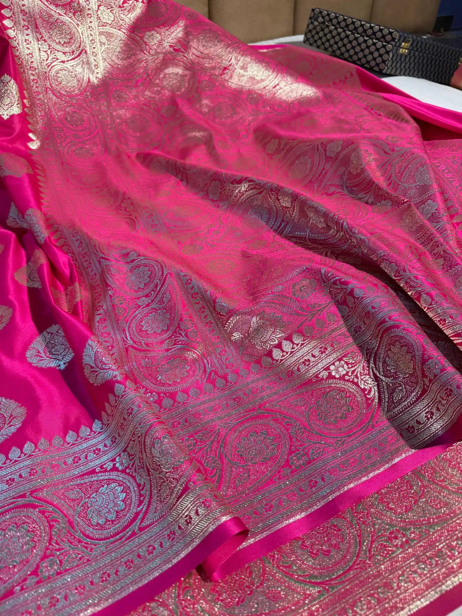 Rani Pink Satin Silk Zari Buta Banarasi Saree