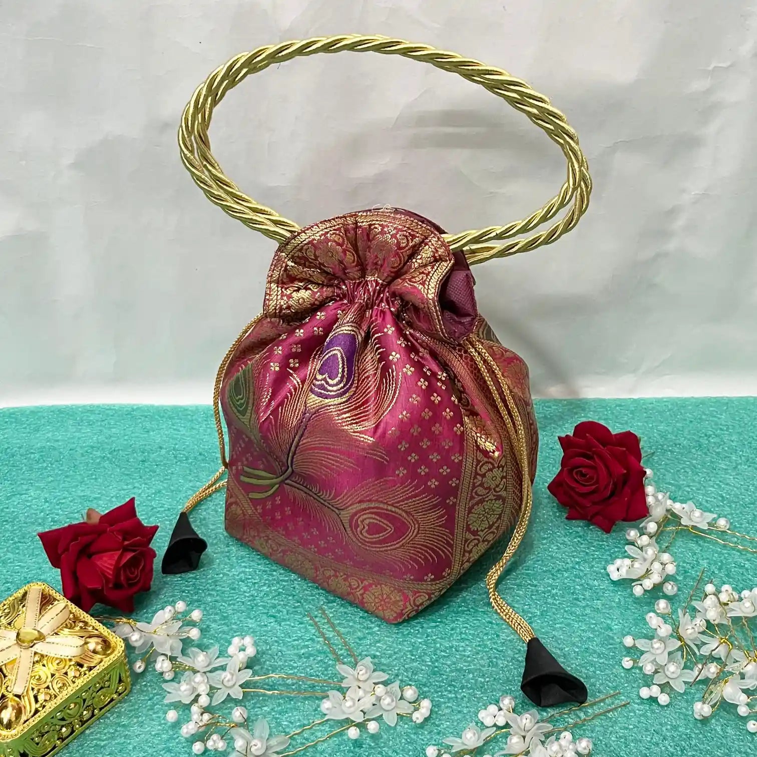 Rani Pink Shade Banarasi Potli Bags