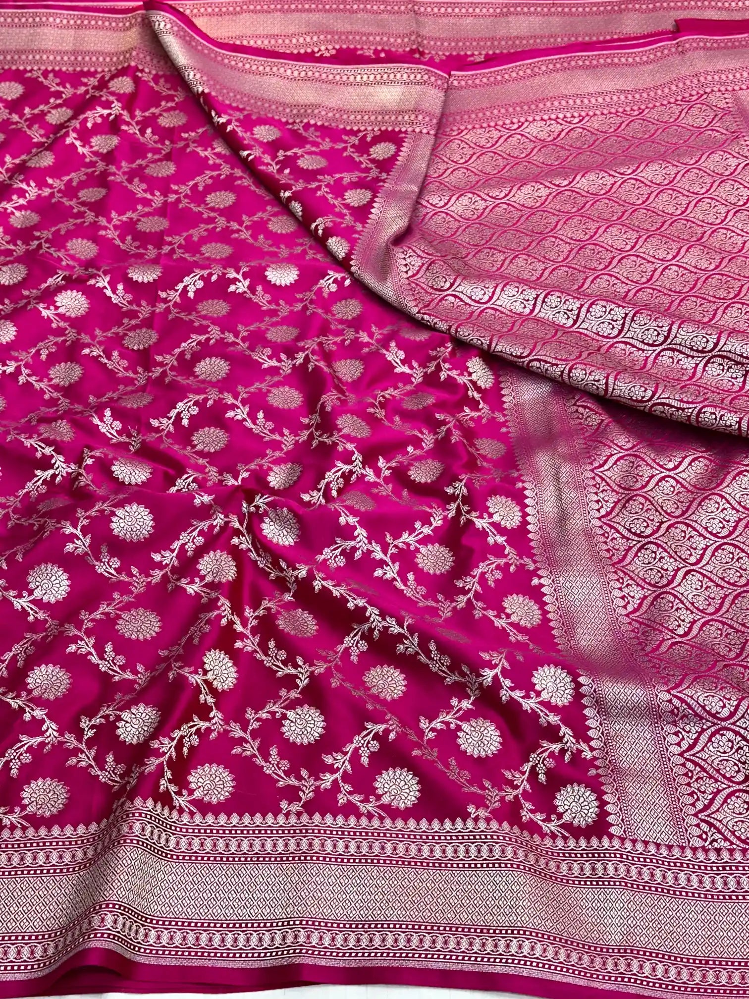 Rani Pink Shade Intricately Weaved Mashru Katan Silk Banarasi Saree with Heritage Floral Weave