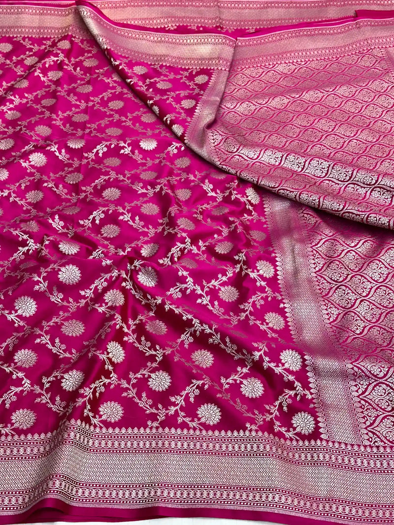 Rani Pink Shade Intricately Weaved Mashru Katan Silk Banarasi Saree with Heritage Floral Weave