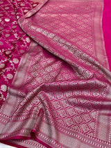 Rani Pink Shade Intricately Weaved Mashru Katan Silk Banarasi Saree with Heritage Floral Weave