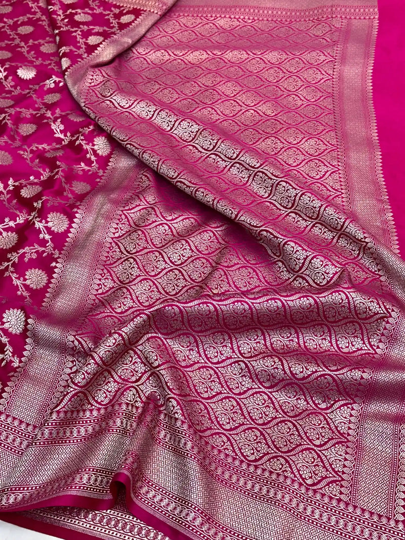 Rani Pink Shade Intricately Weaved Mashru Katan Silk Banarasi Saree with Heritage Floral Weave