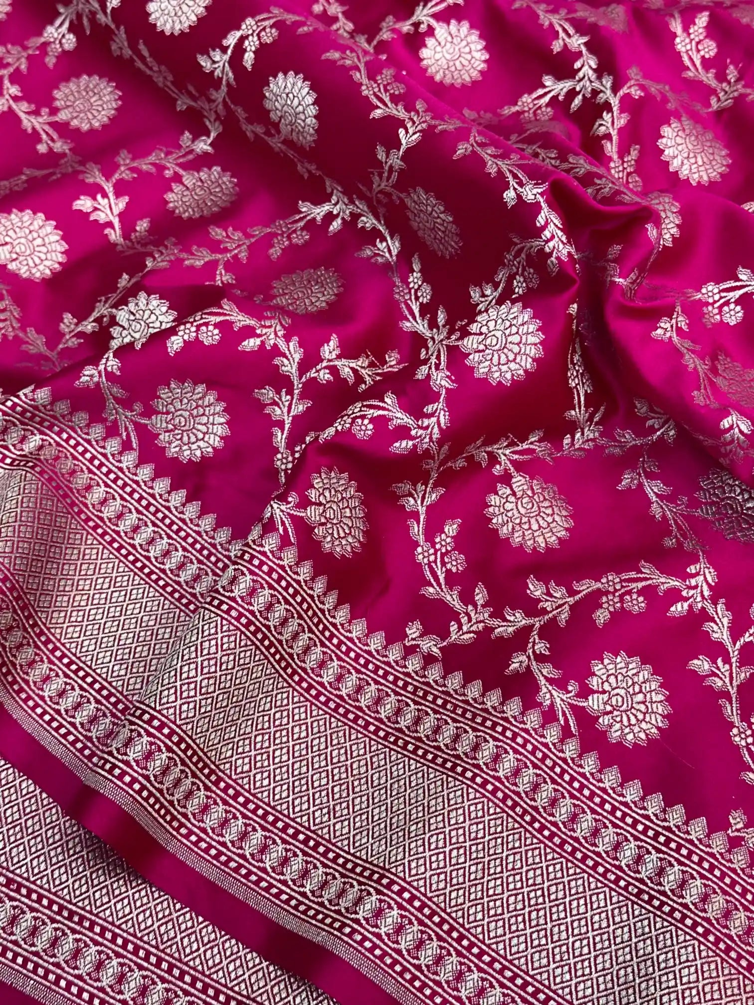 Rani Pink Shade Intricately Weaved Mashru Katan Silk Banarasi Saree with Heritage Floral Weave