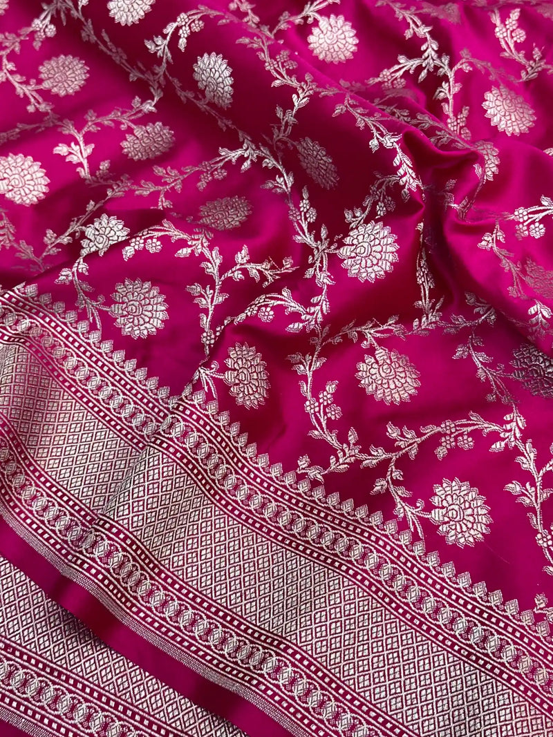 Rani Pink Shade Intricately Weaved Mashru Katan Silk Banarasi Saree with Heritage Floral Weave