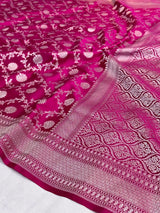 Rani Pink Shade Intricately Weaved Mashru Katan Silk Banarasi Saree with Heritage Floral Weave